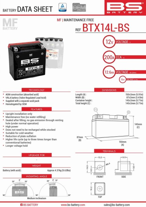 BS AKUMULATOR BTX14L-BS (YTX14L-BS) 150X87X145 BEZOBSŁUGOWY - ELEKTROLIT OSOBNO (4) UE2019/1148 BS AKUMULATOR BTX14L-BS (YTX14L-BS) 150X87X145 BEZOBSŁUGOWY - ELEKTROLIT OSOBNO (4) UE2019/1148