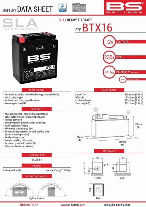 BS AKUMULATOR BTX16 (FA) (YTX16-BS) 12V 14AH 152X88X161 BEZOBSŁUGOWY - ZALANY (230A) (4) BS AKUMULATOR BTX16 (FA) (YTX16-BS) 12V 14AH 152X88X161 BEZOBSŁUGOWY - ZALANY (230A) (4)
