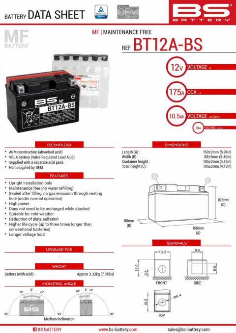 BS AKUMULATOR BT12A-BS (YT12A-BS) 152X88X106 12V 10AH BEZOBSŁUGOWY - ELEKTROLIT OSOBNO (175A) (4) UE2019/1148 BS AKUMULATOR BT12A-BS (YT12A-BS) 152X88X106 12V 10AH BEZOBSŁUGOWY - ELEKTROLIT OSOBNO (175A) (4) UE2019/1148