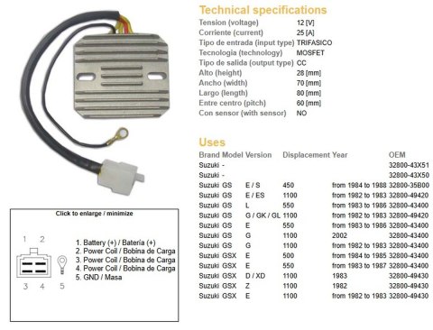 DZE REGULATOR NAPIĘCIA SUZUKI GS 450E/S '84-'88; GS 500 '84-'85; GS 550 '83-'87; GS 1100E/ES/G '82-'87; GSX 1100E/Z/D '82- (ESR0 DZE REGULATOR NAPIĘCIA SUZUKI GS 450E/S '84-'88; GS 500 '84-'85; GS 550 '83-'87; GS 1100E/ES/G '82-'87; GSX 1100E/Z/D '82- (ESR0