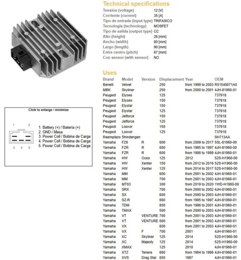 DZE REGULATOR NAPIĘCIA YAMAHA FZ6 '09-'17; FZR 600R '95-'99; SRX 700 '00-'02; TDM 850 '96-'01; TMAX 500 '00-'03; VT 700 VENTURE DZE REGULATOR NAPIĘCIA YAMAHA FZ6 '09-'17; FZR 600R '95-'99; SRX 700 '00-'02; TDM 850 '96-'01; TMAX 500 '00-'03; VT 700 VENTURE