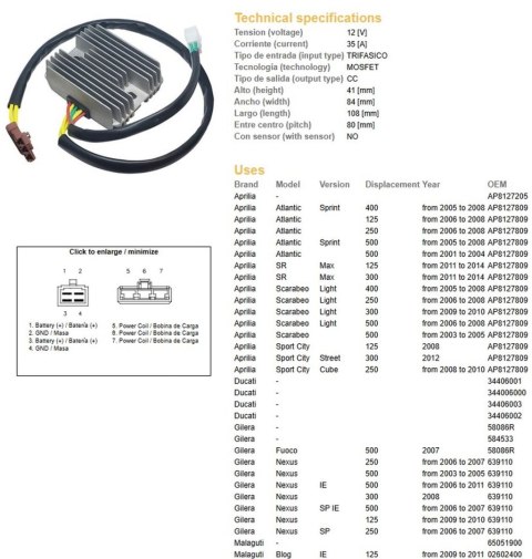 DZE REGULATOR NAPIECIA APRILIA ATLANTIC/SCARABEO 125/250/400/500 '05-'08; PIAGGIO MP3/X7/X8/X9 '05-'11 (OEM AP8127809) (OEM 5808 DZE REGULATOR NAPIECIA APRILIA ATLANTIC/SCARABEO 125/250/400/500 '05-'08; PIAGGIO MP3/X7/X8/X9 '05-'11 (OEM AP8127809) (OEM 5808