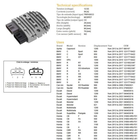 DZE REGULATOR NAPIĘCIA APRILIA; BMW; CAN AM; DUCATI; HONDA; KAWASAKI; SUZUKI; TRIUMPH; YAMAHA (50A) DZE REGULATOR NAPIĘCIA APRILIA; BMW; CAN AM; DUCATI; HONDA; KAWASAKI; SUZUKI; TRIUMPH; YAMAHA (50A)