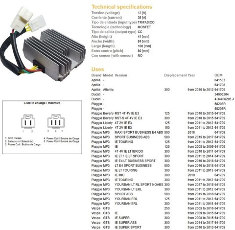 DZE REGULATOR NAPIĘCIA APRILIA MP3 125/300/500 '08-'18; LIBERTY 125/150 '11-'12; BEVERLY 125/300 '10-'15; VESPA GTS 125/250/300 DZE REGULATOR NAPIĘCIA APRILIA MP3 125/300/500 '08-'18; LIBERTY 125/150 '11-'12; BEVERLY 125/300 '10-'15; VESPA GTS 125/250/300