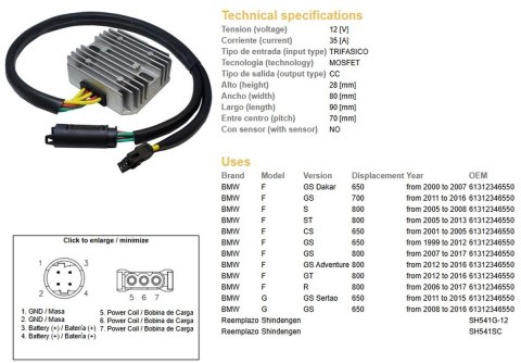 DZE REGULATOR NAPIĘCIA BMW F 650GS DAKAR '00-'07; F 650CS '01-'05; F 700GS '11-'16; F 800GS ADVENTURE '12-'16; F 800S/ST/R '05-'