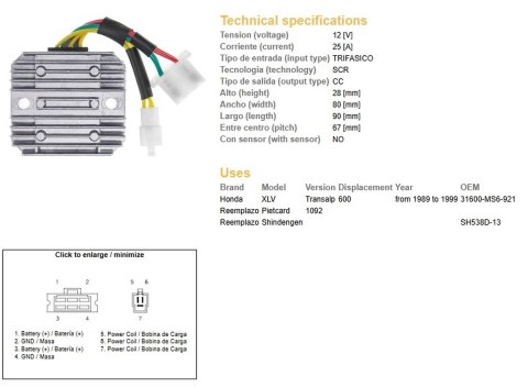 DZE REGULATOR NAPIĘCIA HONDA XL 600V TRANSALP '89-'99 (SH 538D-13; ESR640; RGU-144)