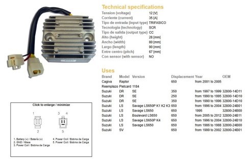 DZE REGULATOR NAPIĘCIA SUZUKI DR 250SE '90-'95; DR 350SE '90-'99; LS 650 SAVAGE '95-'12; SV 650 '99-'02; CAGIVA 650 RAPTOR '01-' DZE REGULATOR NAPIĘCIA SUZUKI DR 250SE '90-'95; DR 350SE '90-'99; LS 650 SAVAGE '95-'12; SV 650 '99-'02; CAGIVA 650 RAPTOR '01-'