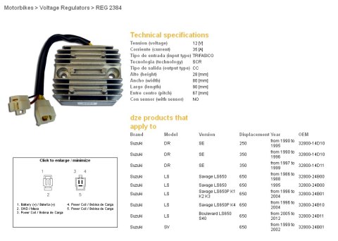 DZE REGULATOR NAPIĘCIA SUZUKI DR 250SE '90-'95; DR 350SE '90-'99; LS 650 SAVAGE '95-'12; SV 650 '99-'02; CAGIVA 650 RAPTOR '01-' DZE REGULATOR NAPIĘCIA SUZUKI DR 250SE '90-'95; DR 350SE '90-'99; LS 650 SAVAGE '95-'12; SV 650 '99-'02; CAGIVA 650 RAPTOR '01-'