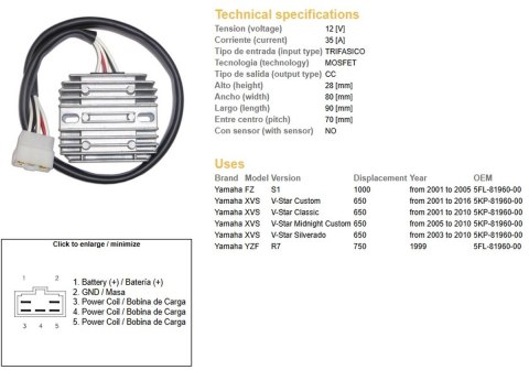 DZE REGULATOR NAPIĘCIA YAMAHA XVS 650 V-STAR '01-'16; YZF 750 R7 '99; FZ 1000 '01-'05; (5KP-81960-00) (35A) (ESR266) (5FL-81960- DZE REGULATOR NAPIĘCIA YAMAHA XVS 650 V-STAR '01-'16; YZF 750 R7 '99; FZ 1000 '01-'05; (5KP-81960-00) (35A) (ESR266) (5FL-81960-