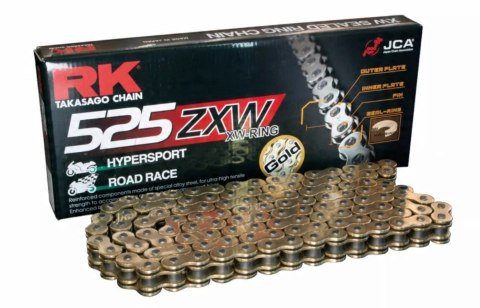 RK ŁAŃCUCH NAPĘDOWY GB525ZXW-128 (XW-RING) ZAKUWKA (CLF) W ZESTAWIE KOLOR ZŁOTY (POJEMNOŚĆ: DO 1300 CCM) (46,4 KN)