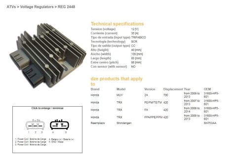 DZE REGULATOR NAPIĘCIA HONDA TRX 420FE/FM/TE/TM '07-'14; MUV 700 '09-'13 (35A) (31600-HP5-601) (SH753AA) (ESR318)