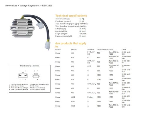 DZE REGULATOR NAPIĘCIA HONDA CB 750F/C/K '81-'83; CB 900 '81-'82; CB 1000 '83; CBX 1000A '81-'82 (OEM-31600-MA6-000) (ESR210) (3