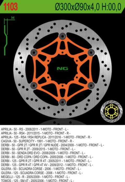 NG TARCZA HAMULCOWA PRZÓD APRILIA RS 50/125 '11-'14 (RS4), RS50 '07-'08, DERBI 50/80/125 (300X90X4) (6X6,5MM)