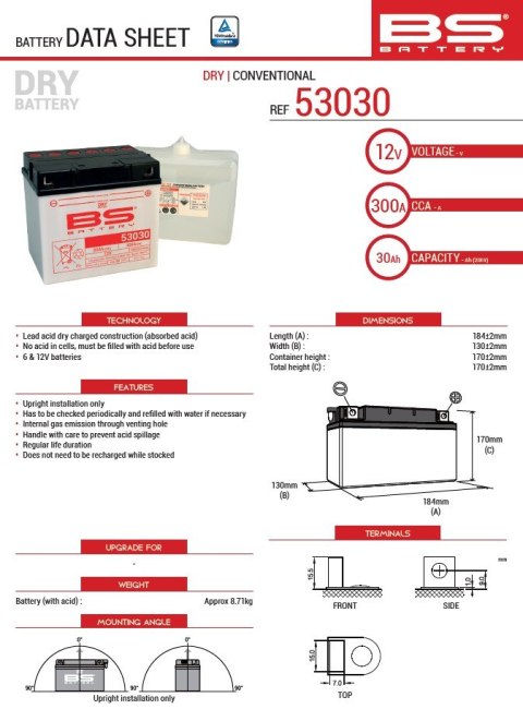 BS 2026/01 AKUMULATOR 53030 (B60-N30L-B) 12V 30AH 186X130X171 (300A) BMW R60/6/7/R65/R75/6/7/R80/7/RT/R90/6/S 69-95, R100/7/CS/R