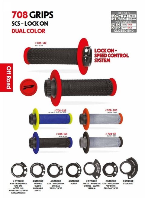 PROGRIP MANETKI PG708 OFF ROAD Z BLOKADĄ SCS LOCK-ON + 7 ADAPTERÓW ROLGAZU (22+25MM) KOLOR CZARNY CZERWONY DWUSKŁADNIKOWE DŁ. 11