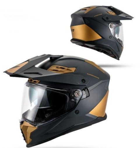UFO 2026/01 KASK COSMOS OFFROAD / DUAL / TOURER / CROSSOVER Z SZYBĄ, DASZKIEM I BLENDĄ PRZECIWSŁONECZNĄ KOLOR CZARNY/ZŁOTY ROZMI