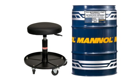 MANNOL OLEJ SILNIKOWY 4T PLUS 10W40 SEMISYNTETYK (API SL, JASO MA/MA2) (7202) - BECZKA 60L ZESTAW PROMOCYJNY Z KRZESŁEM WARSZTAT