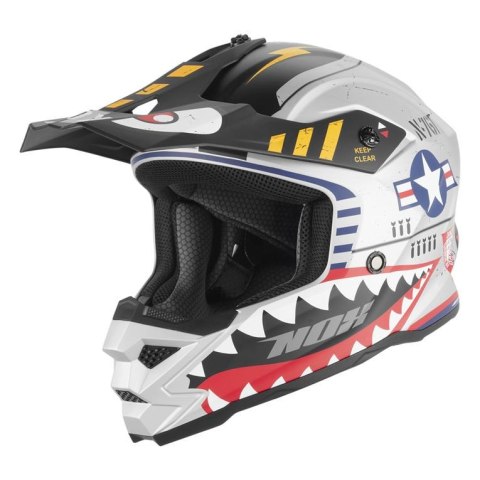 NOX KASK CROSS / OFFROAD N761 FIGHTER KID / JUNIOR (DZIECIĘCY) KOLOR SREBRNY MAT/CZERWONY/CZARNY ROZMIAR L (ZAPIĘCIE MIKROMETRYC