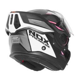 NOX PREMIUM KASK SZCZĘKOWY FLIP-BACK (SZCZĘKA DO TYŁU) Z BLENDĄ SPINNER ARK KOLOR CZARNY/BIAŁY/RÓŻOWY ROZMIAR S