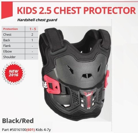 LEATT OSŁONA KLATKI PIERSIOWEJ (BUZER) CHEST PROTECTOR 2.5 KIDS BLACK KOLOR CZARNY/CZERWONY (4-7 LAT, 110-134 CM)
