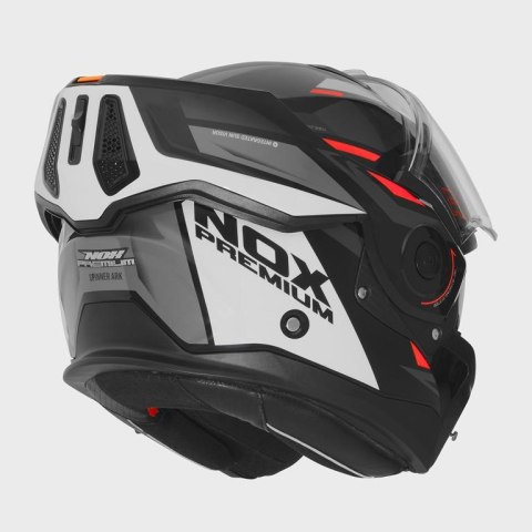 NOX WYPRZEDAŻ PREMIUM KASK SZCZĘKOWY FLIP-BACK (SZCZĘKA DO TYŁU) Z BLENDĄ SPINNER ARK KOLOR CZARNY/BIAŁY/CZERWONY ROZMIAR S