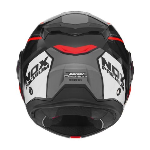 NOX WYPRZEDAŻ PREMIUM KASK SZCZĘKOWY FLIP-BACK (SZCZĘKA DO TYŁU) Z BLENDĄ SPINNER ARK KOLOR CZARNY/BIAŁY/CZERWONY ROZMIAR S