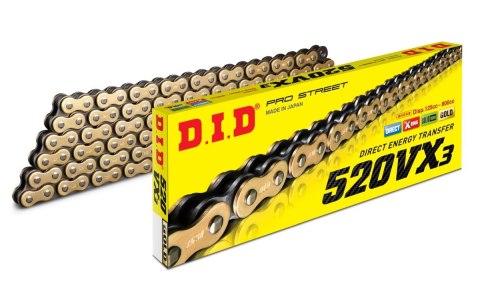 DID ŁAŃCUCH NAPĘDOWY 520VX3GB-116 (116 OGNIW) X-RING ZŁOTY (OTWARTY + ZAKUWKA)