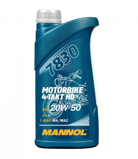 MANNOL OLEJ SILNIKOWY 4T MOTORBIKE HD 20W50 1L V-TWIN MA2 SEMISYNTETYK (JASO MA/MA2, API SL) (7830) (20) MANNOL OLEJ SILNIKOWY 4T MOTORBIKE HD 20W50 1L V-TWIN MA2 SEMISYNTETYK (JASO MA/MA2, API SL) (7830) (20)