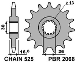 PBR ZĘBATKA PRZEDNIA 2068 16 HONDA CBR 600F '99-'14, CBR 600RR '03-'16, CBF 600 (JTF1370.16) (ŁAŃC. 525) (206816JT)