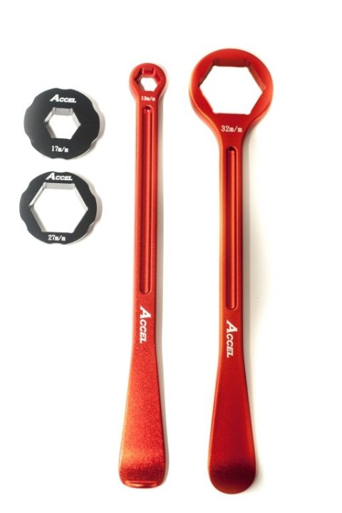 ACCEL KOMPLET ŁYŻEK DO OPON (23+24CM) ALU7075 KUTE Z KLUCZAMI 10,13,17,27,32 MM KOLOR POMARAŃCZOWY (ŁYŻKA DO OPON)