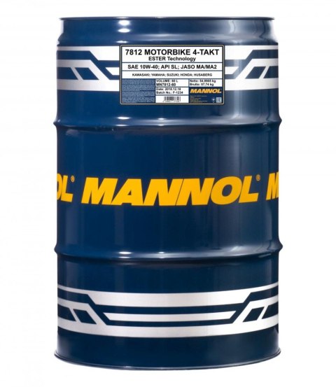 MANNOL OLEJ SILNIKOWY 4T MOTORBIKE 10W40 60L ESTER + MA2 SYNTETYK (7812) (API SN) - 1 BECZKA 60 L MANNOL OLEJ SILNIKOWY 4T MOTORBIKE 10W40 60L ESTER + MA2 SYNTETYK (7812) (API SN) - 1 BECZKA 60 L