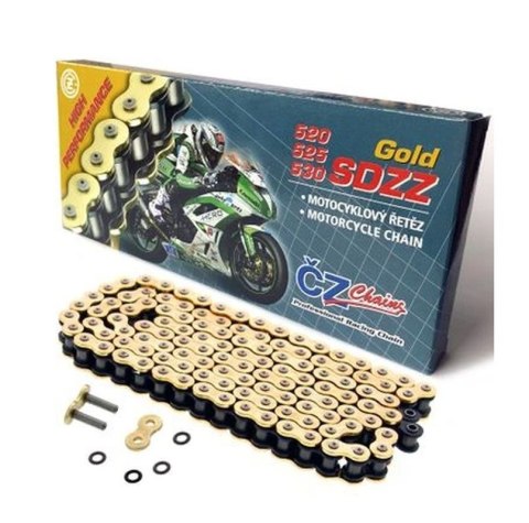 CZ ŁAŃCUCH NAPĘDOWY 525 SDZZ (114 OGNIW) ACTIVE RING (X-RING) ZŁOTY DO 1200 CCM (46,2 KN) + ZAKUWKA DRĄŻONA