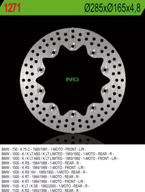 NG TARCZA HAMULCOWA PRZÓD BMW K 75C/RT/S '94-'96, PRZÓD/TYŁ K 100 '84-'93, K1100 '92-'00 (285X165X4,8) (10X5,5MM) NG TARCZA HAMULCOWA PRZÓD BMW K 75C/RT/S '94-'96, PRZÓD/TYŁ K 100 '84-'93, K1100 '92-'00 (285X165X4,8) (10X5,5MM)