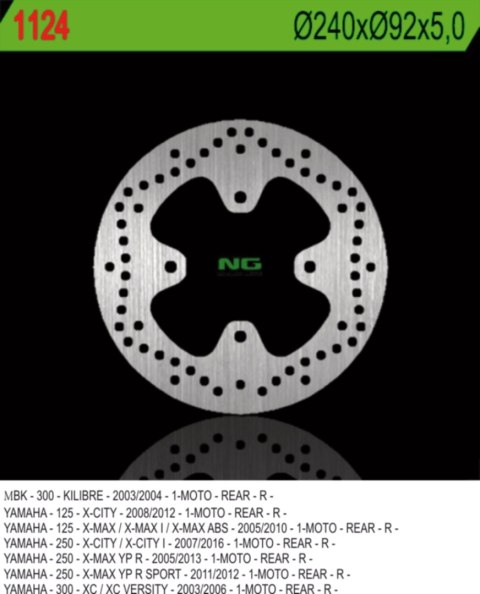 NG TARCZA HAMULCOWA TYŁ YAMAHA X-CITY 125 08-12, 250 07-17, X-MAX 125/250 05-09 (240X92X5) (4X8,5MM) NG TARCZA HAMULCOWA TYŁ YAMAHA X-CITY 125 08-12, 250 07-17, X-MAX 125/250 05-09 (240X92X5) (4X8,5MM)